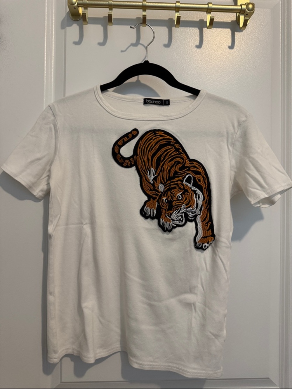 Boohoo White T-Shirt with Orange & Black Tiger Patch